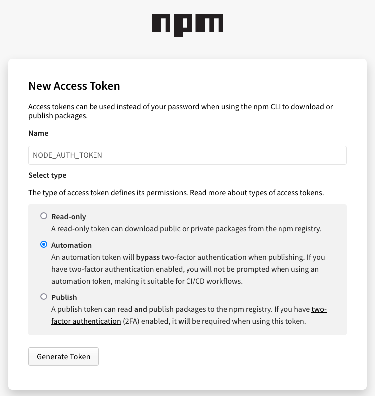 Creating access token on NPM