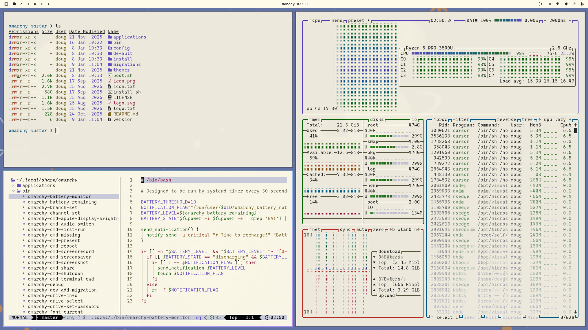Screenshot of the Alucard theme on Omarchy with the output of ls on the top left, nvim with Lazyvim opened on the bottom left and btop running on the right